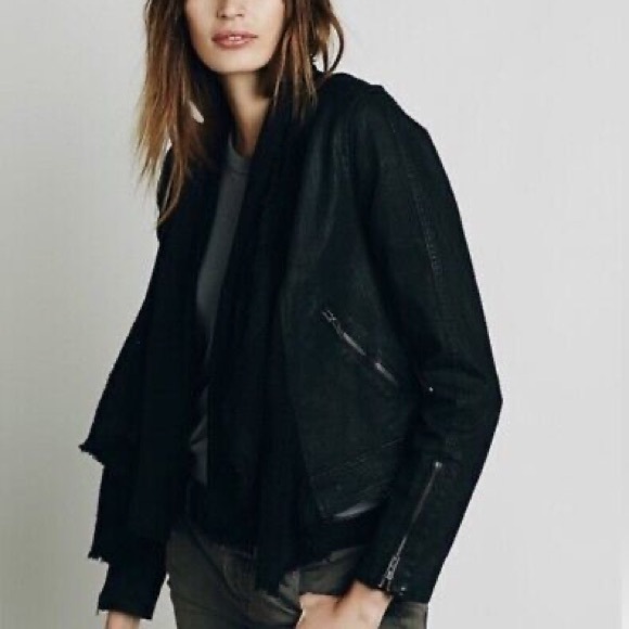 Free People Black Denim Jacket with Built in Scarf Size 4 - Picture 2 of 8